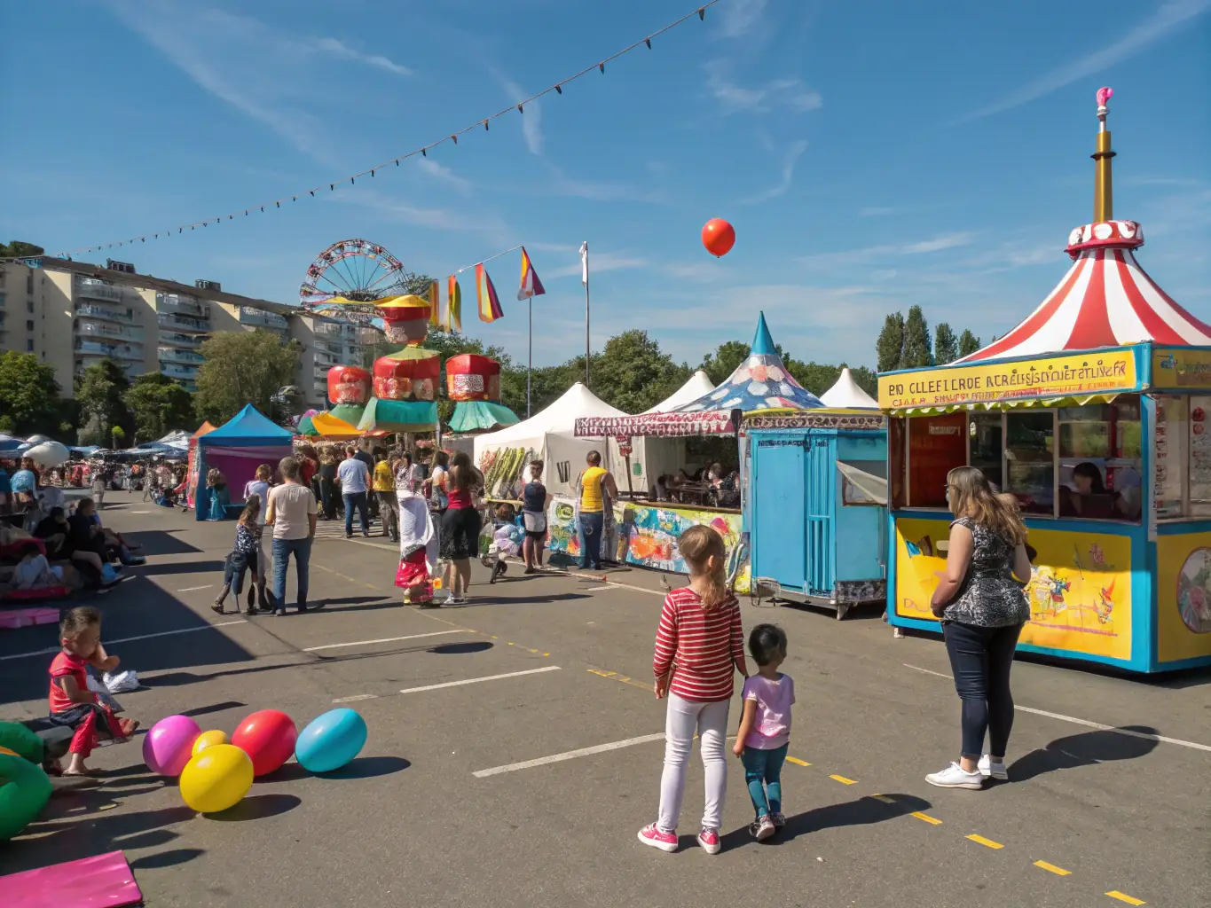 A lively photograph of a community festival at La Ferme du Moulin de Len, featuring music, food, and activities for all ages.
