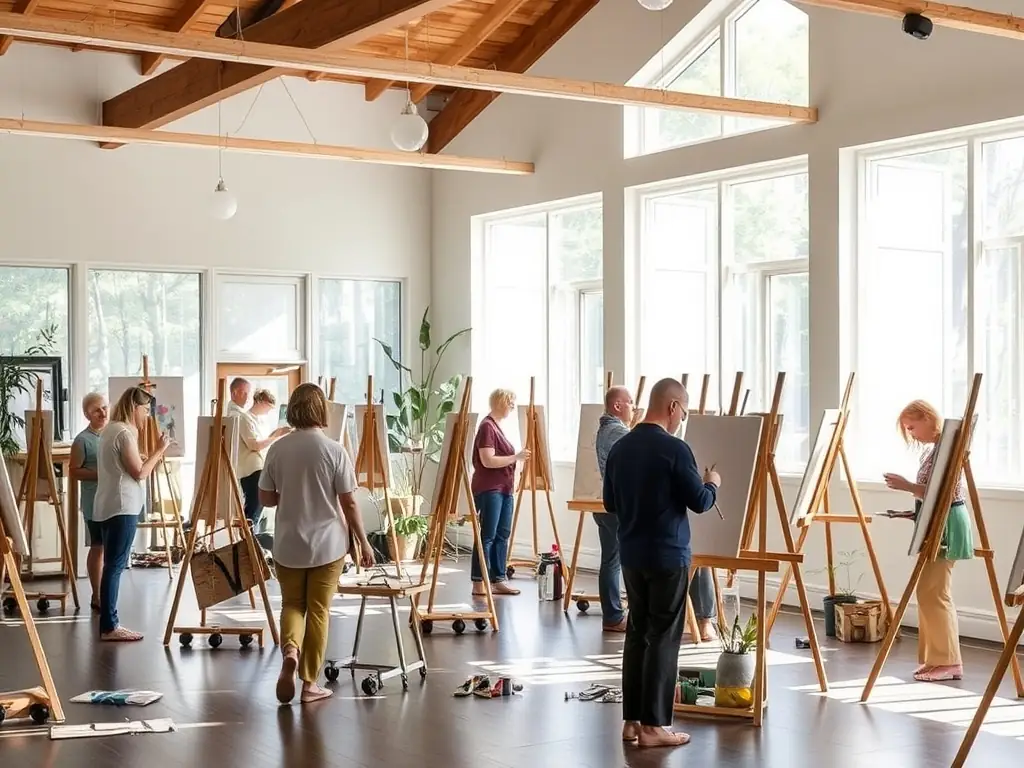 An image of participants engaged in a hands-on art workshop inside La Ferme du Moulin de Len, showcasing various art supplies and finished artworks.