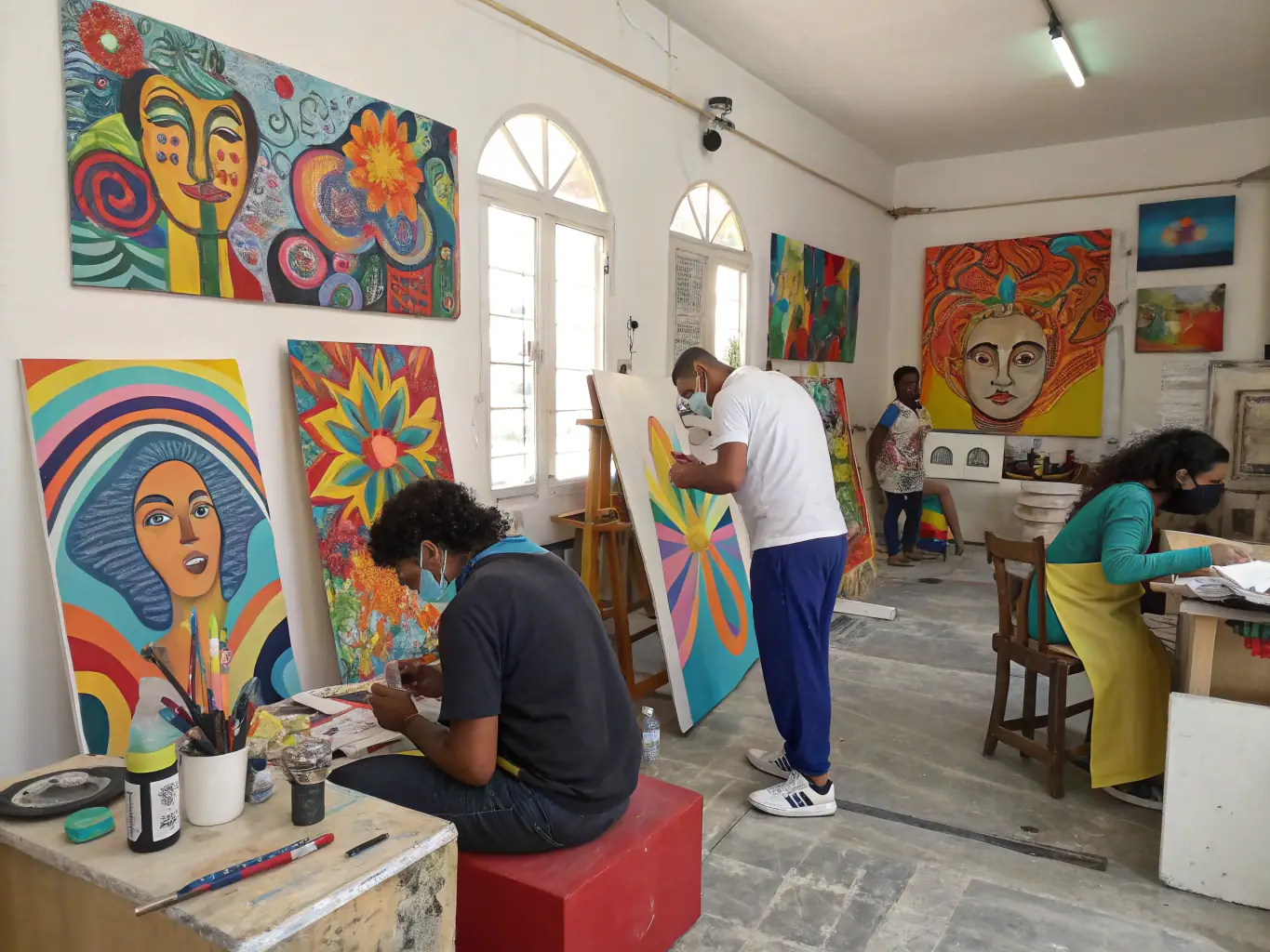 An image capturing artists working on their projects during an artistic residency at La Grange aux Reves, highlighting the collaborative and creative environment.