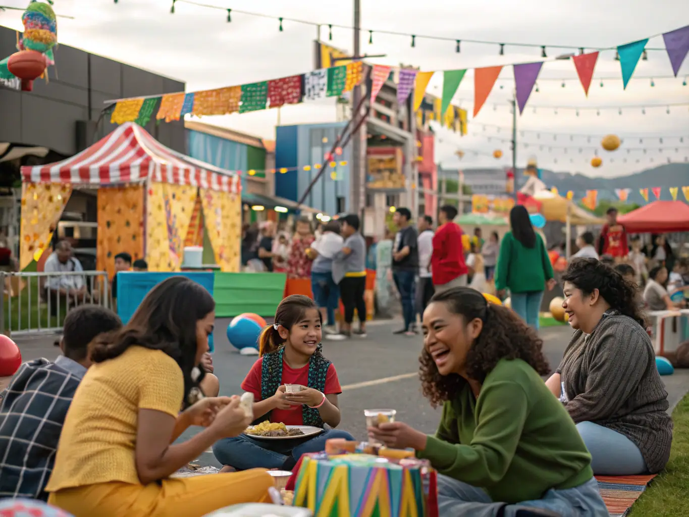 A lively outdoor community event with people enjoying music, food, and activities at La Ferme du Moulin de Len, capturing the vibrant atmosphere and community spirit.