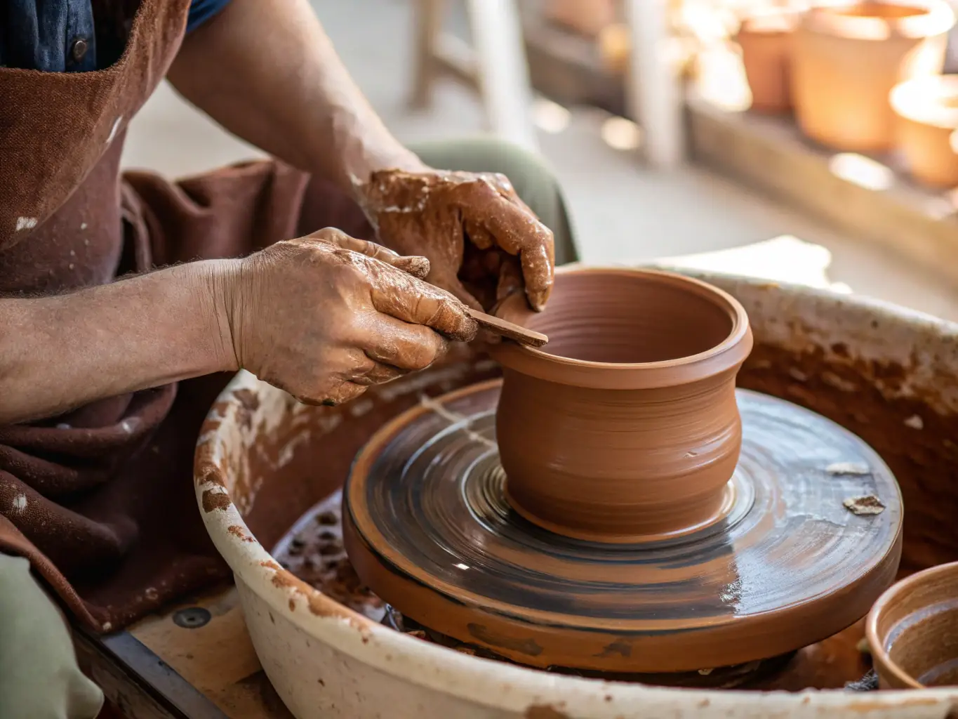 A vibrant image depicting participants engaged in a pottery workshop at La Ferme du Moulin de Len, showcasing hands-on learning and creative expression.
