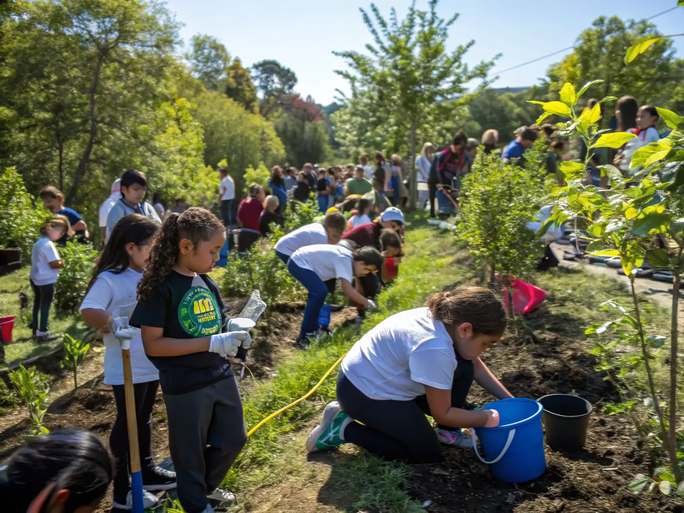 A group of children and adults participating in an outdoor environmental education session, learning about nature and sustainable practices.
